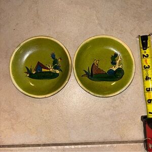 Vintage 1940 pair of washy green Mexican Tlaquepaque Folk Art Pottery Dishes